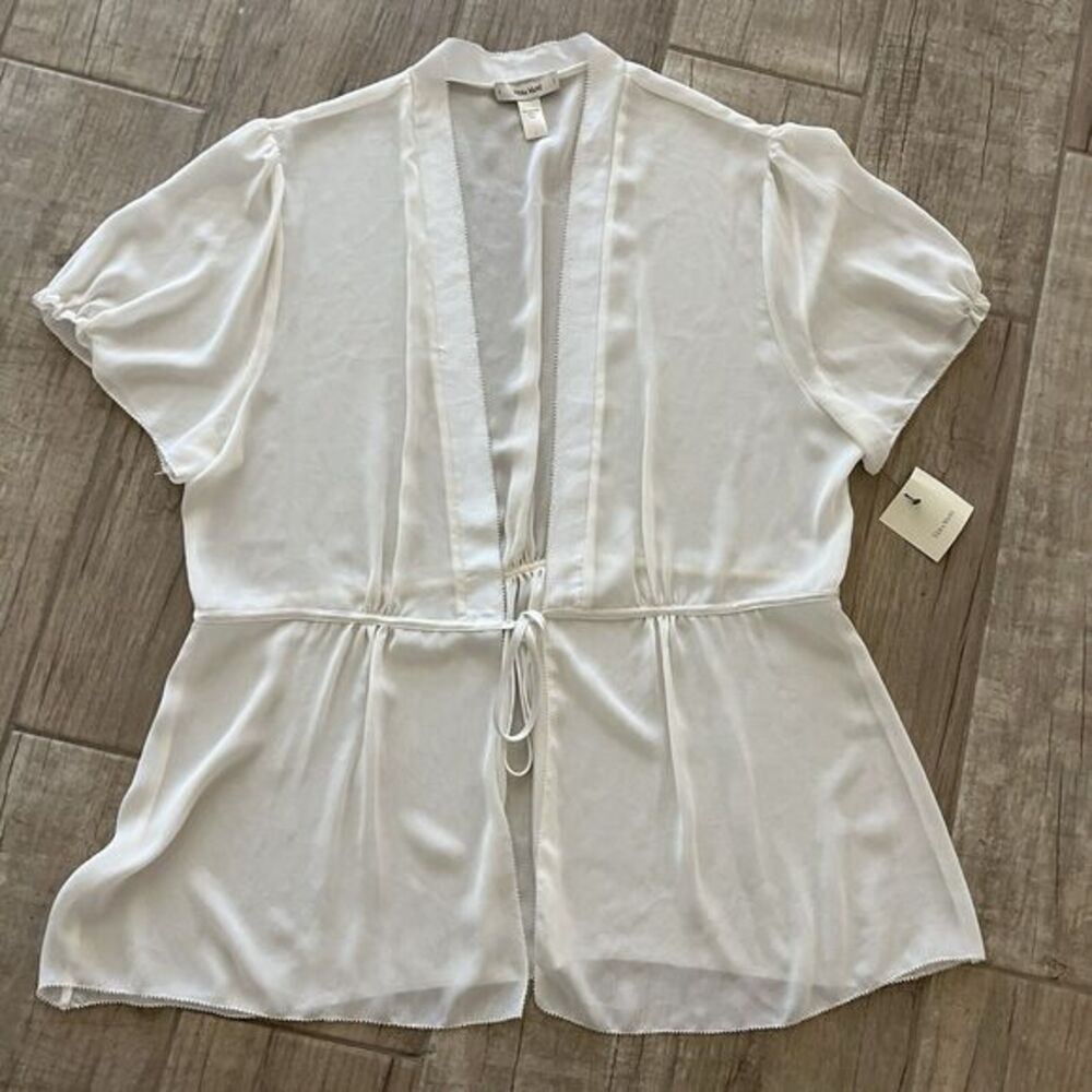 Vera Wang White‎ Babydoll Tie Front Shortie Picot Trim Short Sleeve Top L NWT